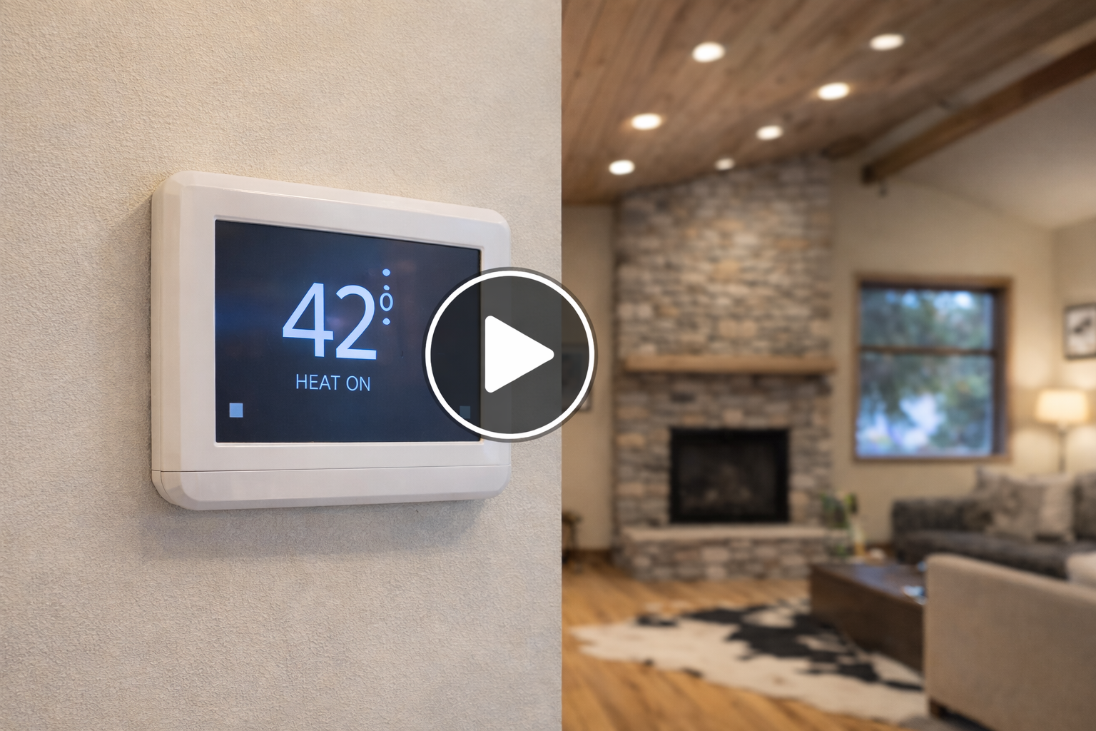 Thermostat on the wall showing 42 degrees inside a mountain home with fireplace in the background