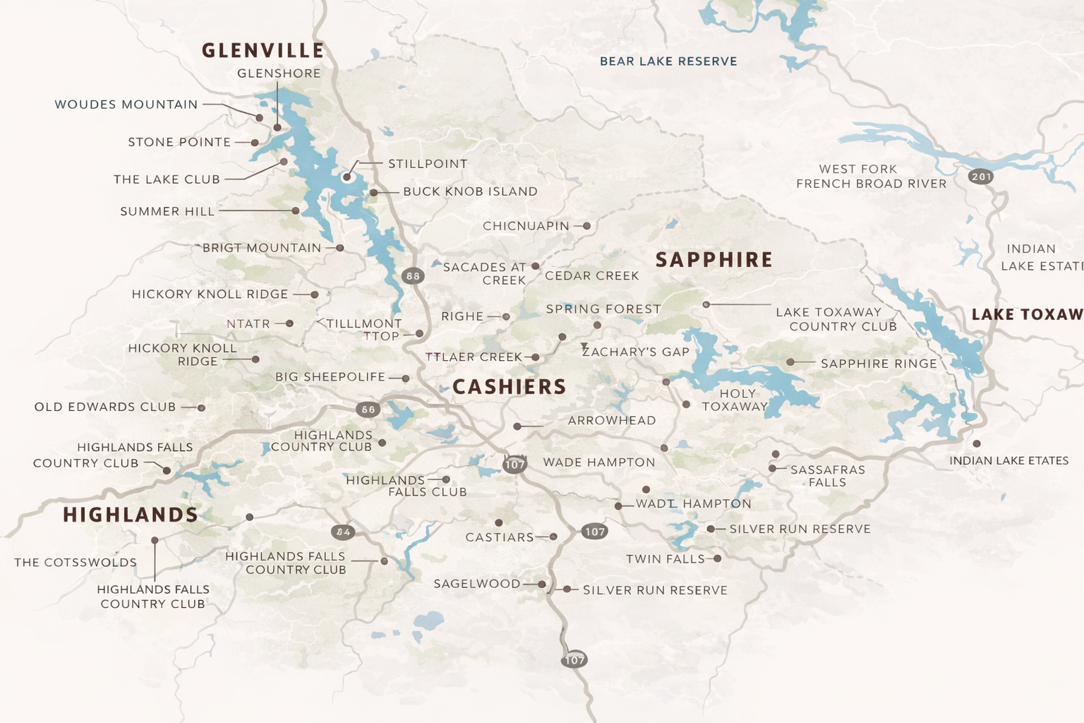 BirdDog service area map showing Sapphire Valley, Cashiers, Lake Toxaway, Glenville, and Highlands.
